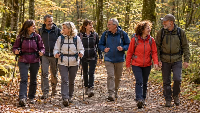 Sept adultes d'un groupe mixte marchant avec des bâtons sur un sentier forestier en automne, visages visibles et souriants